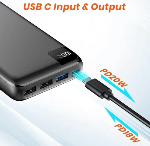 Fourway 20000mAh 22.5W Fast Charging Type C Power Bank with LED Digital Display