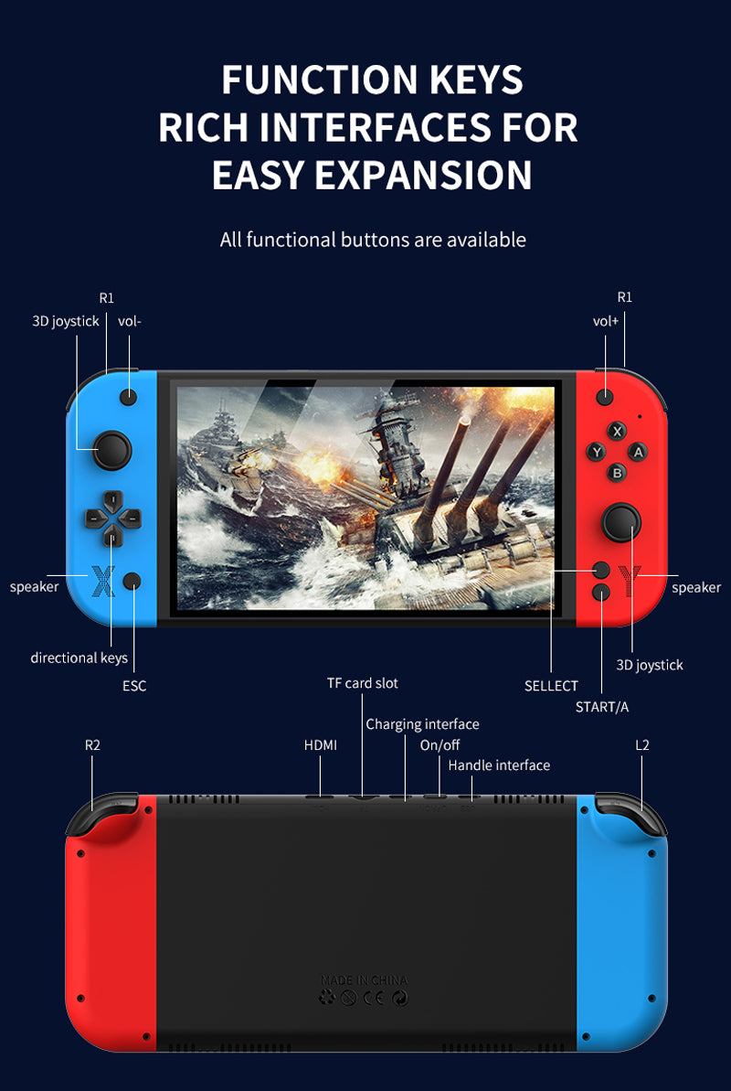 2025 Model G90 PRO Retro Handheld Game Console. Two wireless controllers. White. 7 inch HD Large Screen Built-in 30+ Simulators Single Dual Players Portable Video Game Player