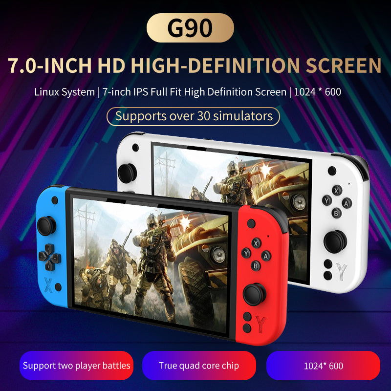 2025 Model G90 PRO Retro Handheld Game Console. Two wireless controllers. White. 7 inch HD Large Screen Built-in 30+ Simulators Single Dual Players Portable Video Game Player