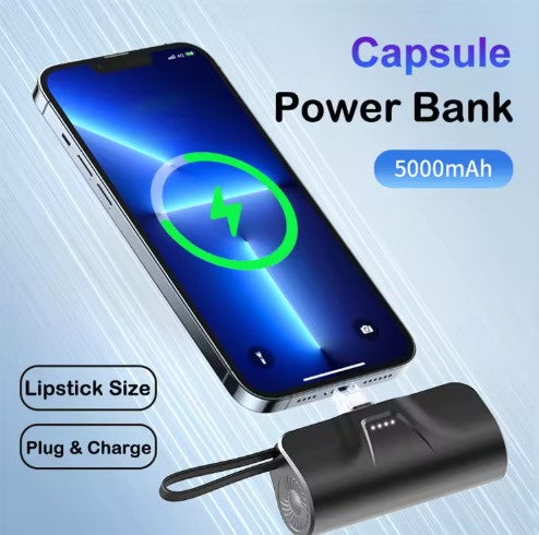 CAPSULE POWER BANK - Iphone and Android Lighting & Type C outports for Pocket Power Bank for Phone Charger 5000mah Fast Charging Portable Small Powerbank